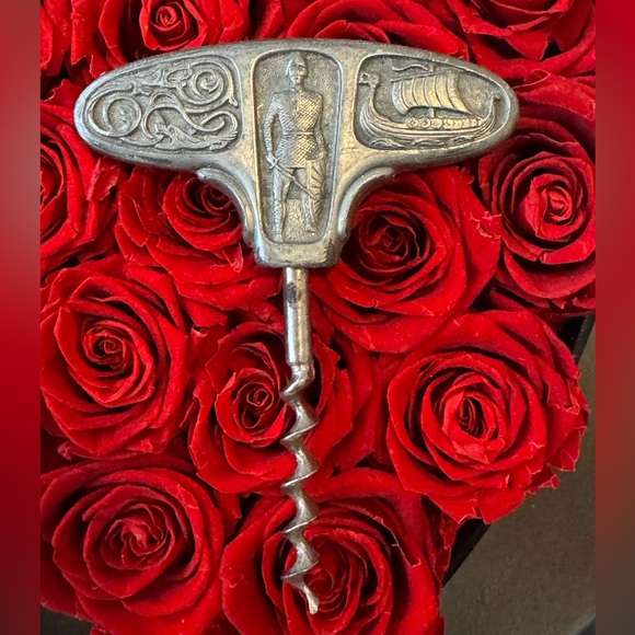 Vintage Norwegian Pewter T Handle Corkscrew Viking Ship Warrior Barware - Picture 1 of 7